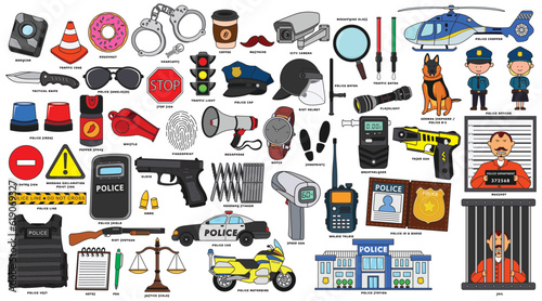 Stock Illustration of Police officer in uniform with accessories and equipments, handcuffs, walkie-talkie, police aviation, police car vector flat cartoon isolated set