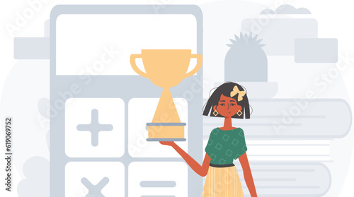 The daughter holds the achiever 's cup in his handwrite . achiever concept. Trendy style, Vector Illustration