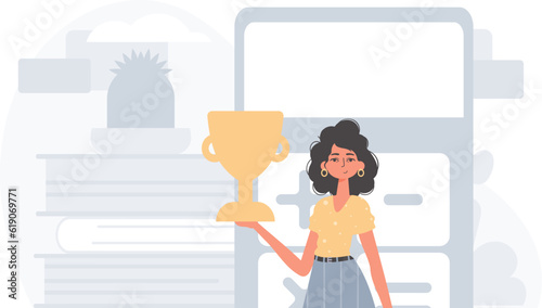 The daughter holds the achiever 's cup in his handwrite . achiever concept. Trendy style, Vector Illustration