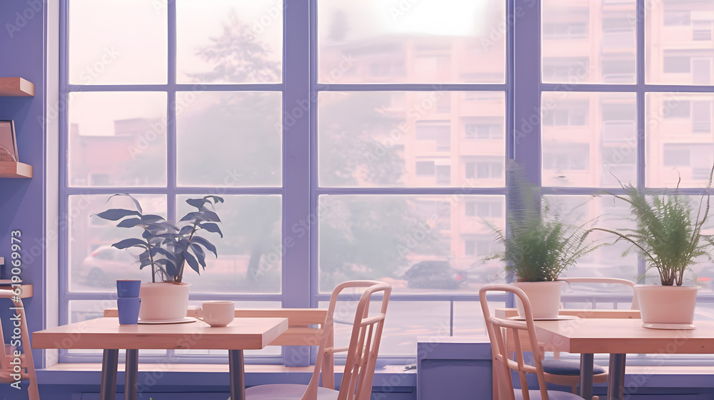 cafe and library aesthetic by a rainy window, some plants Pastel and lavender Generative AI cafe and library aesthetic by a rainy window, some plants Pastel and lavender Generative AI