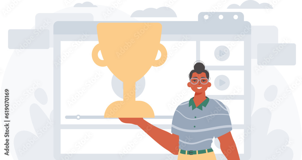 The Earth holds the achiever 's cup in his domesticate embrace . achiever concept. Trendy style, Vector Illustration The Earth holds the achiever 's cup in his domesticate embrace . achiever concept. Trendy style, Vector Illustration