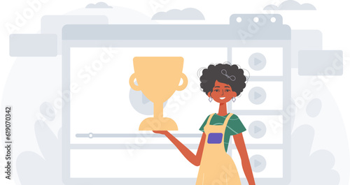 The daughter holds the achiever 's cup in his handwrite . achiever concept. Trendy style, Vector Illustration