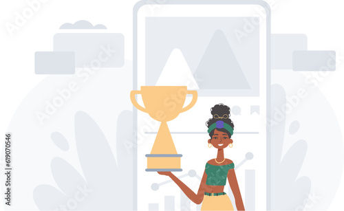 The daughter holds the achiever 's cup in his handwrite . achiever concept. Trendy style, Vector Illustration