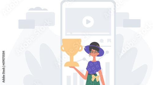 The daughter holds the achiever 's cup in his handwrite . achiever concept. Trendy style, Vector Illustration