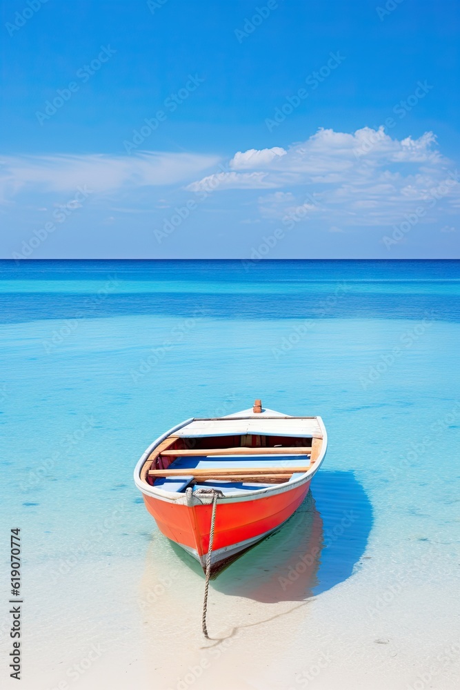 Serene Boat on Crystal Clear Waters, Peaceful Summer Escape by the Sea Serene Boat on Crystal Clear Waters, Peaceful Summer Escape by the Sea