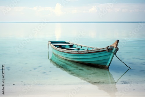 Lonely boat on a peaceful shore. Generative AI. 