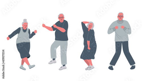 Dancing older people. Cheerful retirees. Old men and old women rejoice and dance. Positive elderly people. Vector illustration