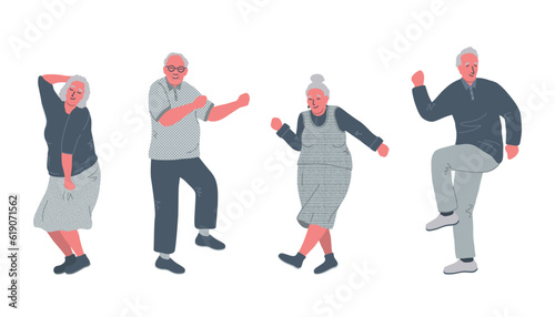 Dancing senior people. Cheerful retirees. Old men and old women have fun and dance. Positive elderly people. Vector illustration
