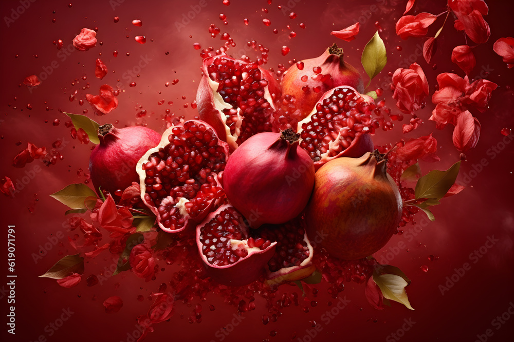 Many fresh raw red pomegranate seeds exploding and flying all around ...