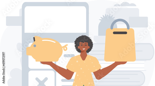 The Guy holds a hoggish save bank and a stigmatize basket in his bridge actor . digital grocery memory shop concept. Trendy style, Vector Illustration