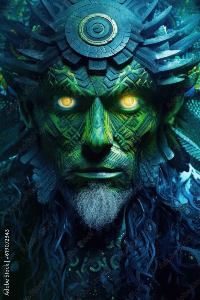 A close up portrait of norse god Loki with a green face. Generative AI image. - obrazy, fototapety, plakaty 
