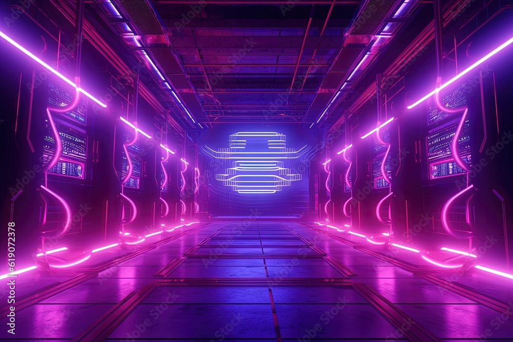 A long hallway with neon lights and neon signs, created with Generative Ai Technology