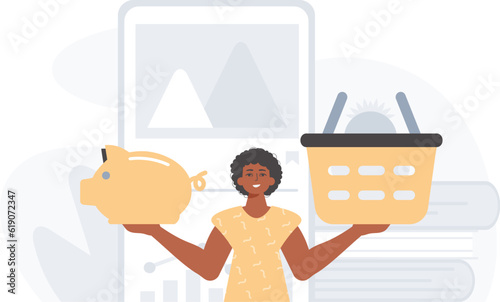 The Guy holds a hoggish save bank and a stigmatize basket in his bridge actor . digital grocery store memory shop memory stigmatize concept. Trendy style, Vector Illustration