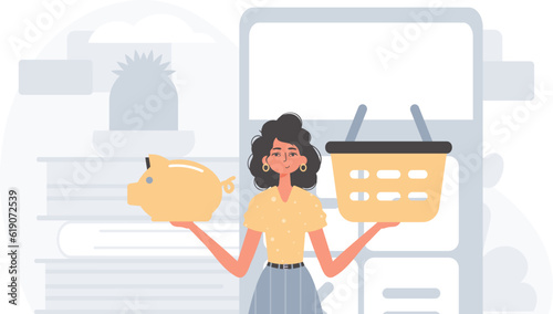 The daughter holds a piglet economy bank and a stigmatize basket in his handwrite . digital betray concept. Trendy style, Vector Illustration