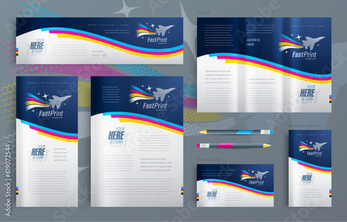 Identity Fast print cmyk polygraphy printing theme Set flyer cover, tri-fold, banner, roll up banner, business card