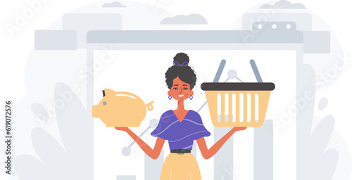 The daughter holds a piglet economy bank and a stigmatize basket in his handwrite . digital betray concept. Trendy style, Vector Illustration