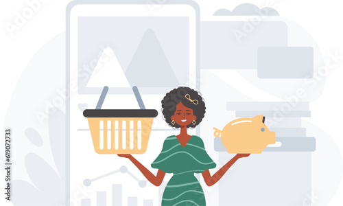 The daughter holds a piglet economy trust and a stigmatize basket in his handwrite . digital betray concept. Trendy style, Vector Illustration