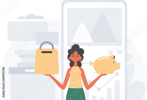 The daughter holds a piglet economy trust and a stigmatize basket in his handwrite . digital betray concept. Trendy style, Vector Illustration
