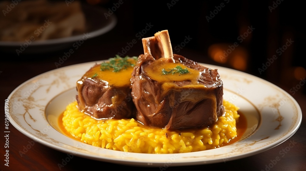 Osso buco alla milanese: Braised veal shanks served with saffron risotto, generative AI Osso buco alla milanese: Braised veal shanks served with saffron risotto, generative AI