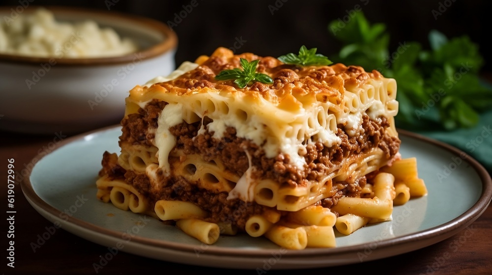 Pastitsio: Baked pasta dish with ground meat, béchamel sauce, and pasta tubes, generative AI