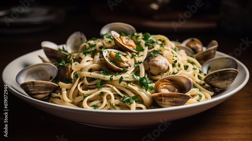 Linguine alle vongole: Linguine pasta tossed with clams, garlic, white wine, and parsley, generative AI