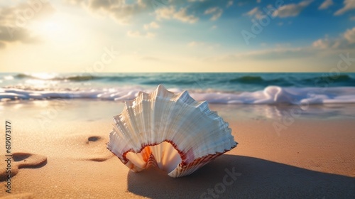 Amazing seashell on the bitch, summer vibes, 3D illustration, Ai Generative 