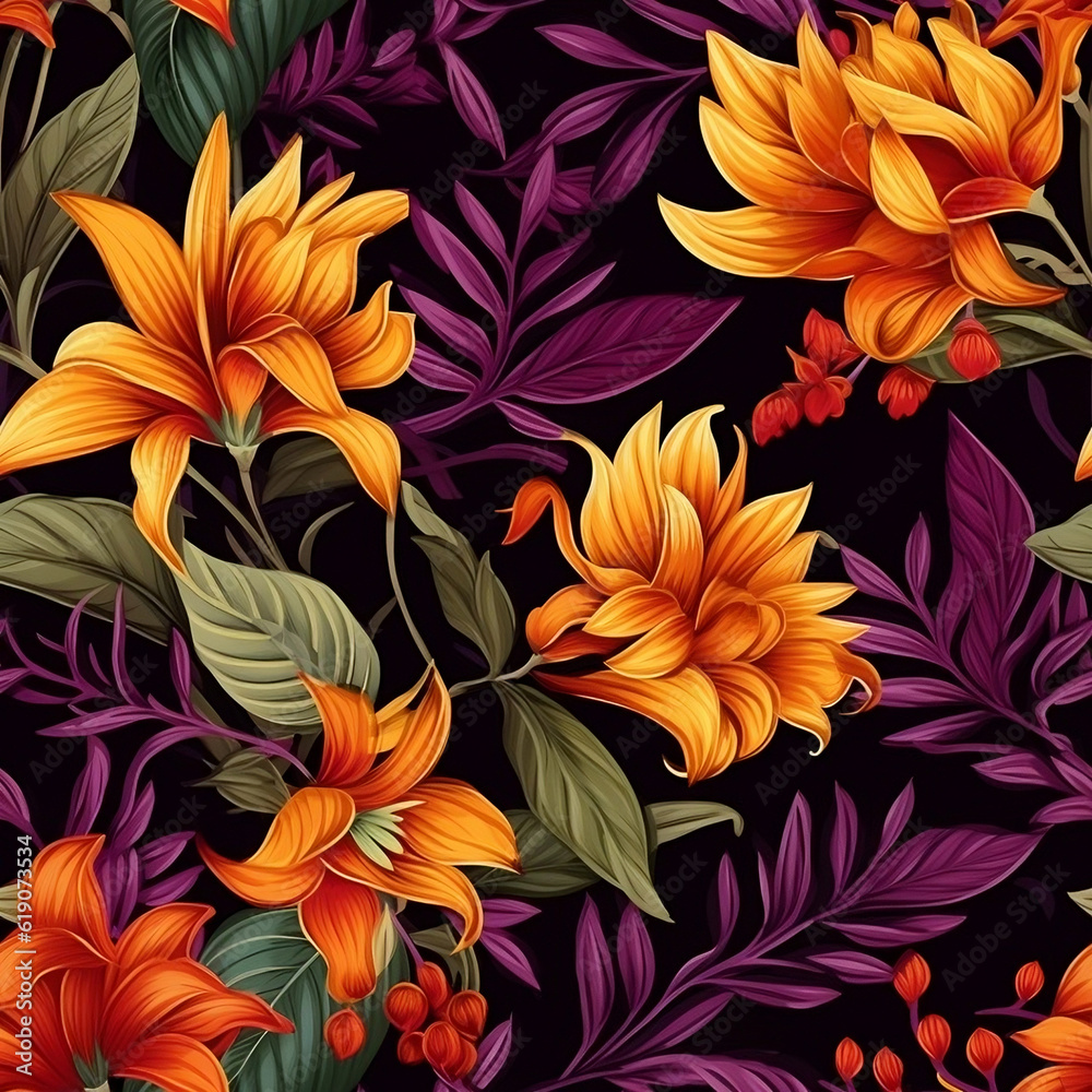 seamless repeating pattern, of beautiful flower, branch and leaves , ai generate seamless repeating pattern, of beautiful flower, branch and leaves , ai generate