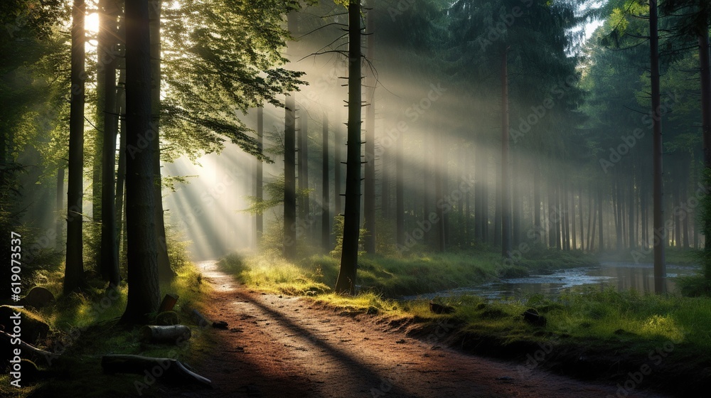 Naklejka premium Sunrays in early morning forest and small pond. AI-generated art.