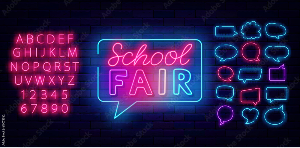 School fair neon signboard. Glowing advertising. Shiny pink alphabet. Vector stock illustration