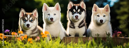 Group of siberian husky dogs sitting in a wooden fence