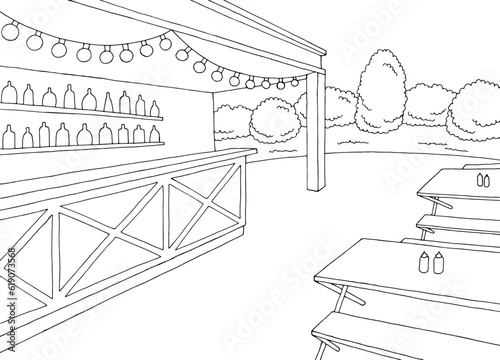 Rural cafe graphic black white sketch illustration vector