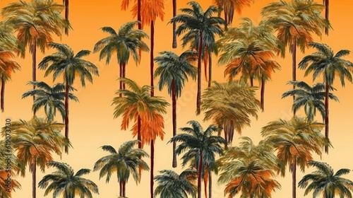 A painting of palm trees against an orange background, created with Generative Ai Technology