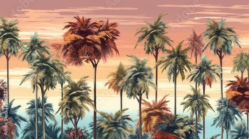 A painting of palm trees against a sunset sky, created with Generative Ai Technology