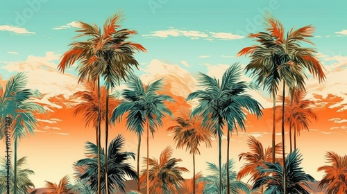 A painting of palm trees against a sunset sky, created with Generative Ai Technology