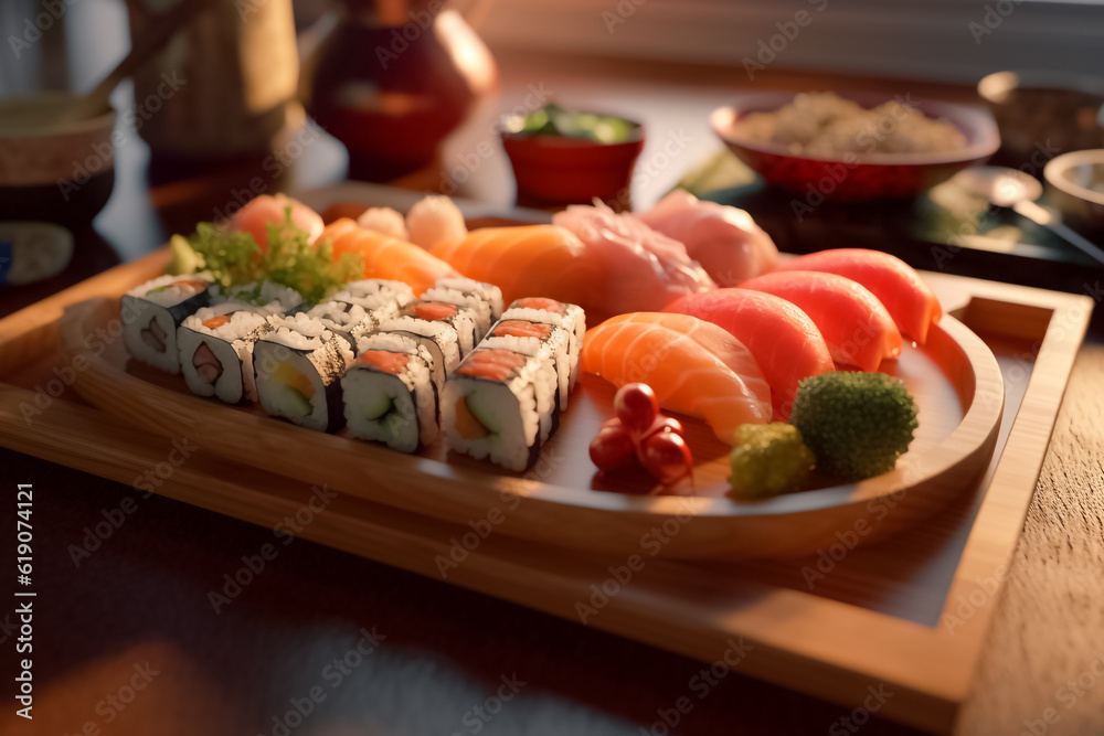 3D Mocking up model of delicious Japanese food with sushi. Assorted sushi big set on wooden plate. A variety of Japanese sushi with tuna, crab, salmon, eel and rolls. Generative AI. 3D Mocking up model of delicious Japanese food with sushi. Assorted sushi big set on wooden plate. A variety of Japanese sushi with tuna, crab, salmon, eel and rolls. Generative AI.