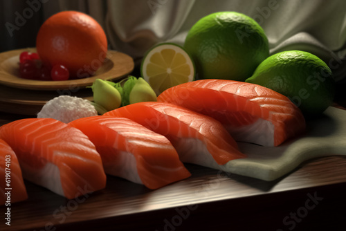 3D Mocking up model of delicious Japanese food with sushi. Assorted sushi big set on wooden plate. A variety of Japanese sushi with tuna, crab, salmon, eel and rolls. Generative AI.