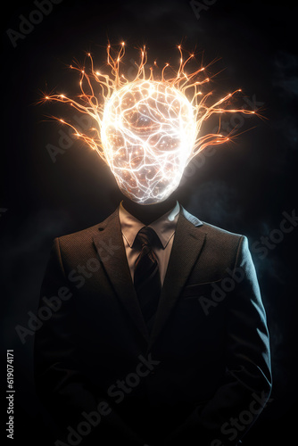Idea concept. businessman in suit with glowing brain on dark background. created with generative AI technology