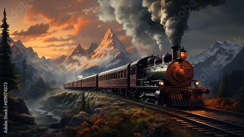 A 19th century steam train driving through snowy mountains