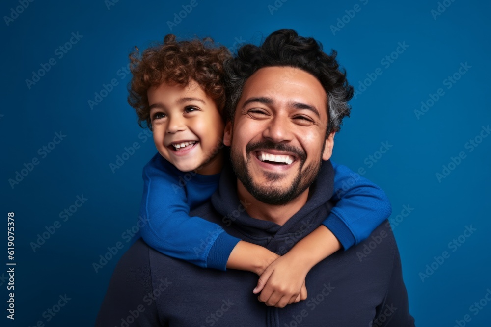 Obraz premium Portrait of happy father with his son on color background, closeup. Ai generated.