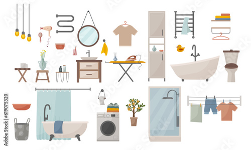 Set of bathroom and toilet interiors. Bathroom and laundry room with washbasin, sink, mirror, bathtub and towel, shower, cabinets and plants. Flat vector illustration.