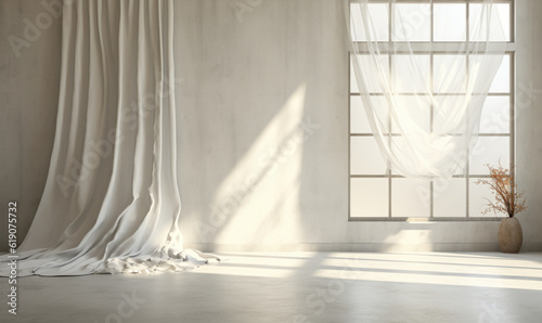 Beautiful sunshine, blowing white sheer fabric, opaque curtain from an open window on a wall of blank, polished white concrete, air flow ventilation, and product background in 3D  © Bartek