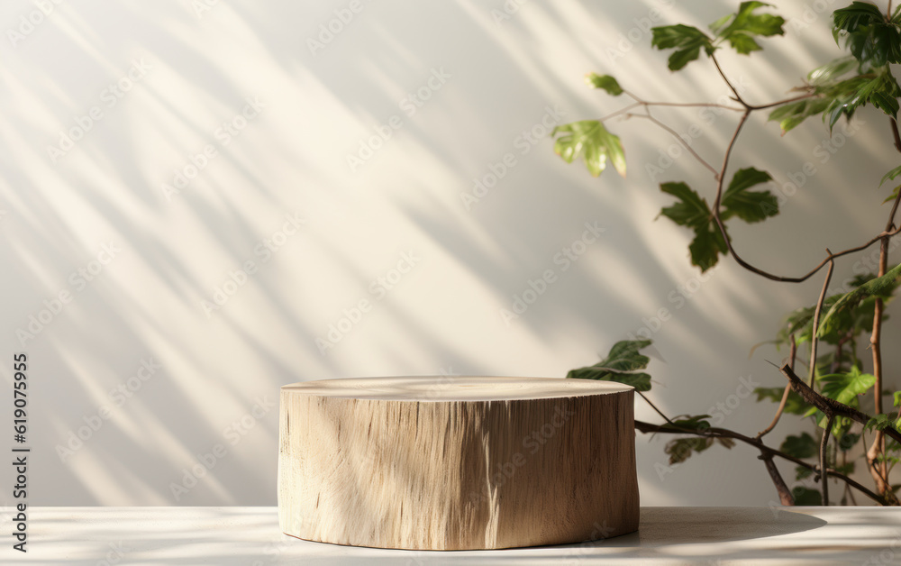 Modern luxury beauty, cosmetic, organic, nature, and fashion product display background: minimal, natural log wood podium table in lovely sunlight, leaf shadow on blank cream white wall, and floor Modern luxury beauty, cosmetic, organic, nature, and fashion product display background: minimal, natural log wood podium table in lovely sunlight, leaf shadow on blank cream white wall, and floor