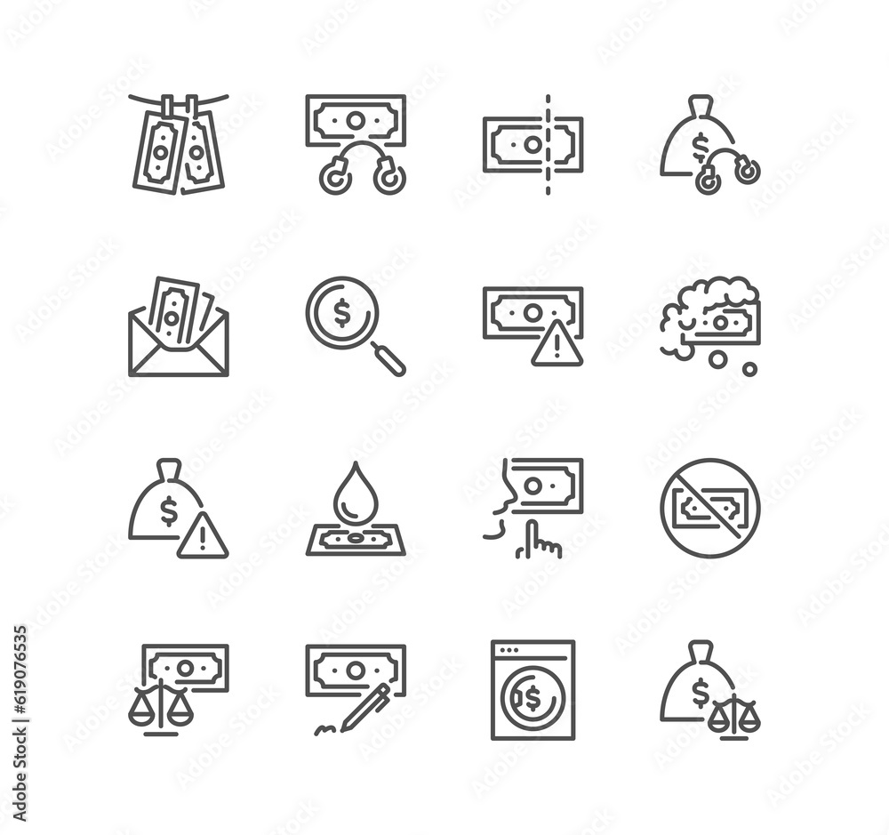 Obraz premium Set of financial crime related icons, money laundering payment for silence, fraud, bribe and linear variety symbols. 
