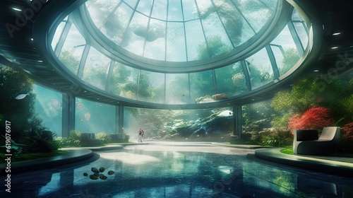 Futuristic building with an indoor pool, created with Generative Ai Technology