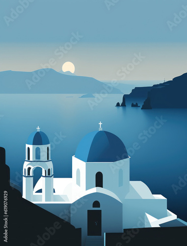 Flat design, poster of Greece landscape, summer, blue sea. Ai painting