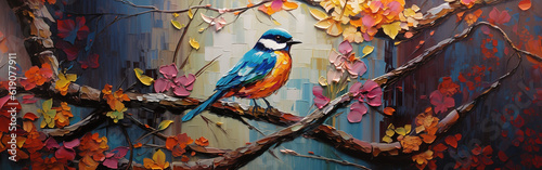 Canvas Print Lebendiges pastoses Vogelgemälde: Bunter Vogel, der auf einem Ast sitzt
