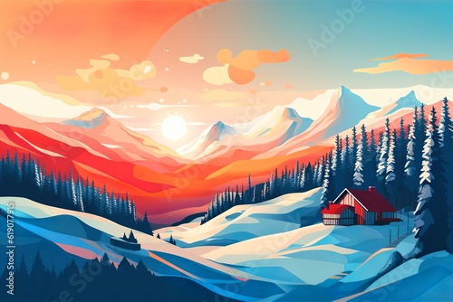 winter landscape illustration with mountains and snow, generative ai