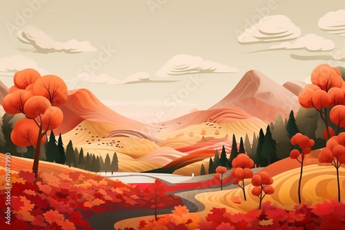 illustration of sunset in autumn mountains, generative ai