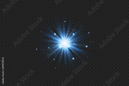 Blue star, bright particles, burning blue lights, stars, lasers, blue flash.