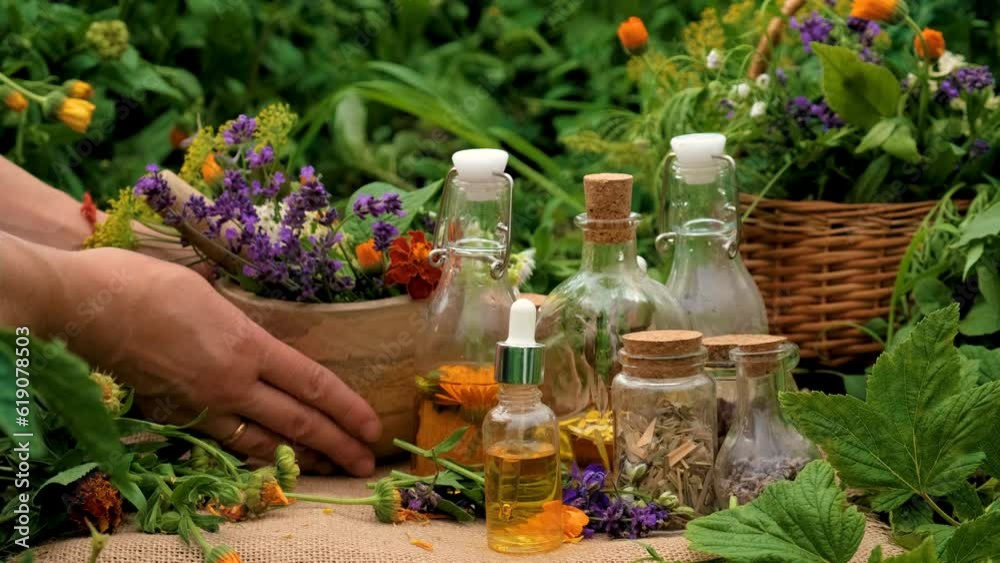 plant and herb tinctures and extracts. Selective focus.